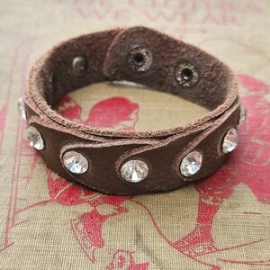 Brown Leather Rhinestone Cuff Bracelet Snap Closure Adjustable Boho Western